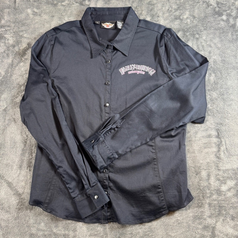Harley Davidson Womens XL Black Rhinestone Wing Button Down Shirt RN103819